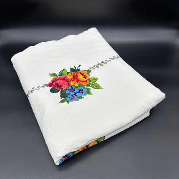 Vintage Tablecloth Floral Petit Point Embroidery Handmade Rose Flowers Stains - Picture 1 of 12